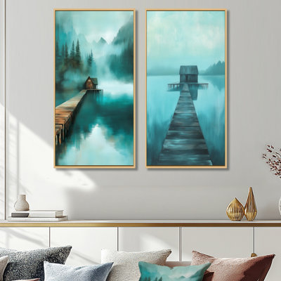Cabine sur une jetée en bois au bord du lac - Paysage rustique, art mural sur toile 2 pièces