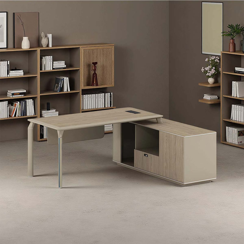 Modern L-shaped executive office desk, 29.92” H x 70.87” W x 31.5” D