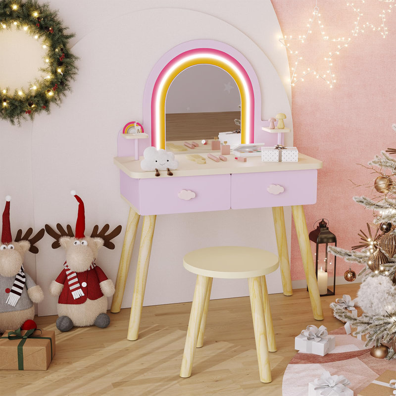 Coiffeuse pour enfants avec miroir et tabouret, coiffeuse éclairée avec 3 modes d'éclairage réglables, grand tiroir de rangement, coiffeuse pour filles de 3 à 8 ans, chambre à coucher et salle de jeux
