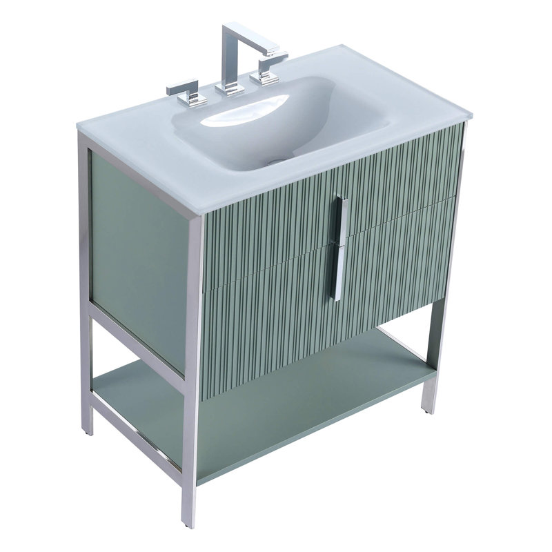 Meuble-lavabo simple avec plateau en verre Millisa, Vert menthe, Chrome chrome, 30"