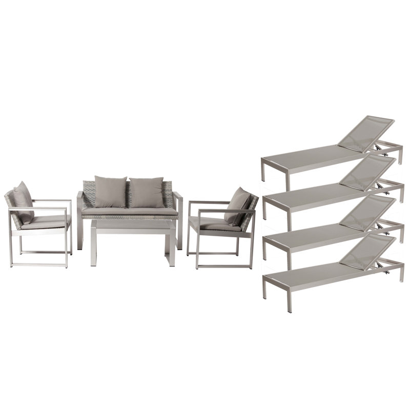 Ensemble de patio complet en rotin 8 pièces avec coussins Chester, Gris, Gris