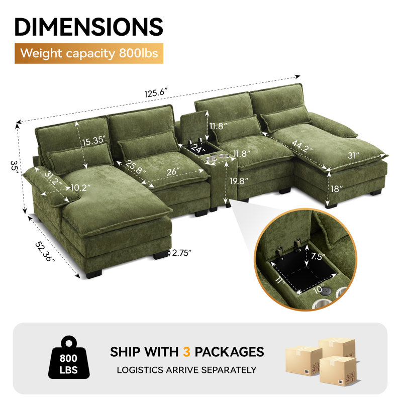 Canapé modulaire en U 125,6 po avec méridiennes, console de rangement, ports de chargement USB, porte-gobelets, chenille