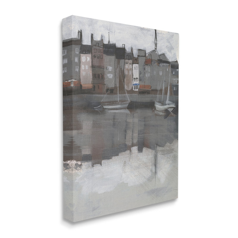 Voilier foncé, port de mer, ville côtière, paysage surdimensionné noir, estampe numérique encadrée par Jennifer Paxton Parker