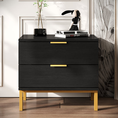 19.7" Black 2-Drawer Nightstand With Gold-Tone Legs And Handles