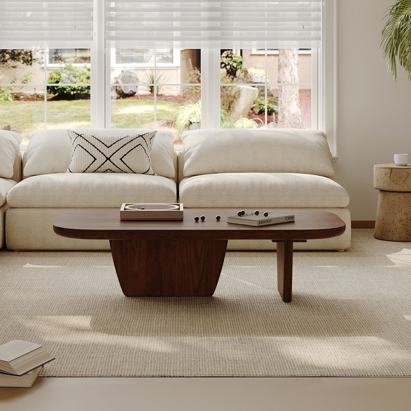 51" Rectangle Coffee Table with Two Unique Wooden Legs, Mid Century Modern Coffee Table with Premium Walnut-Finish Wood Centerpiece for Living Room
