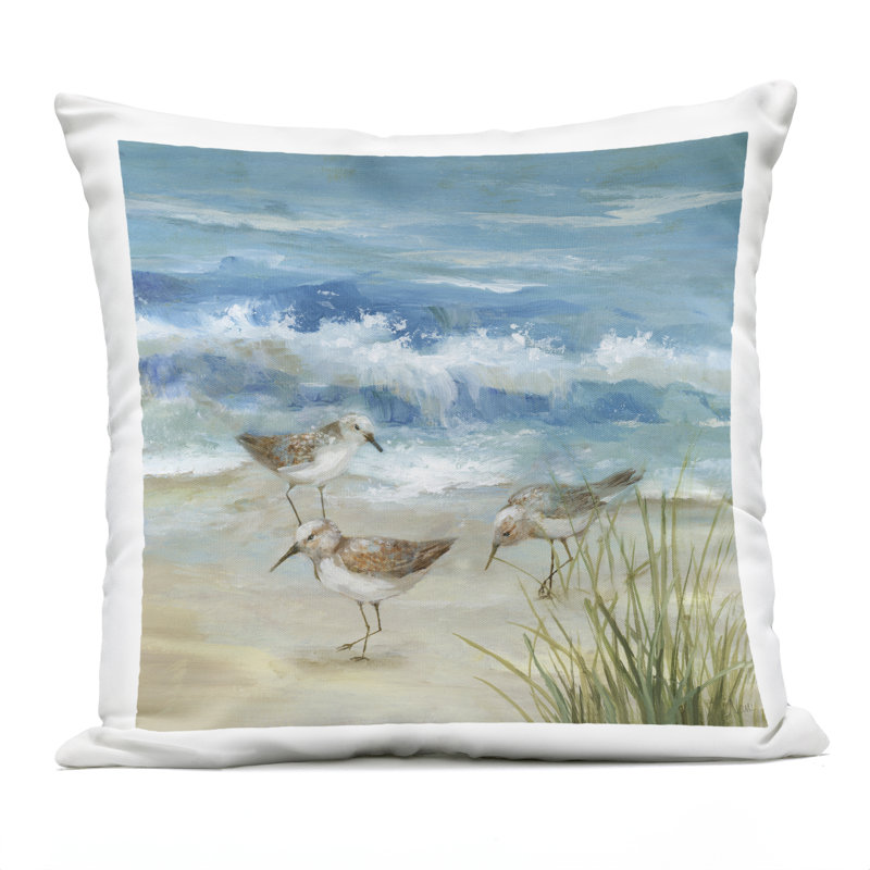 Beach Sandpiper Gathering Outdoor Printed Pillow design by Nan, Blue/Brown Sandpiper