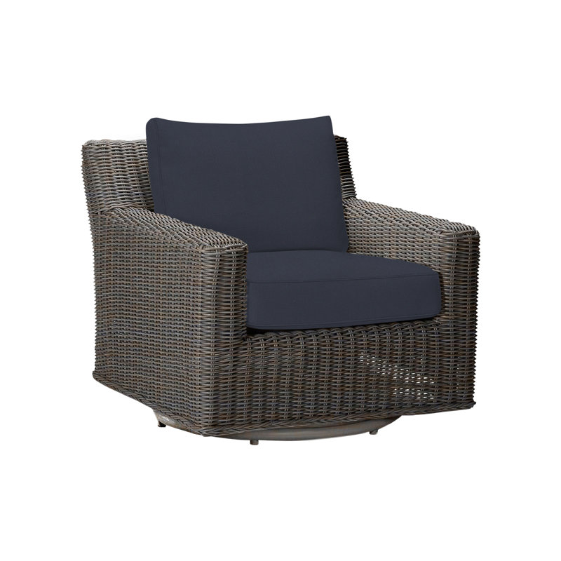Rustic Swivel Patio Chair with Cushions, Linen Navy, Black Walnut, Welt