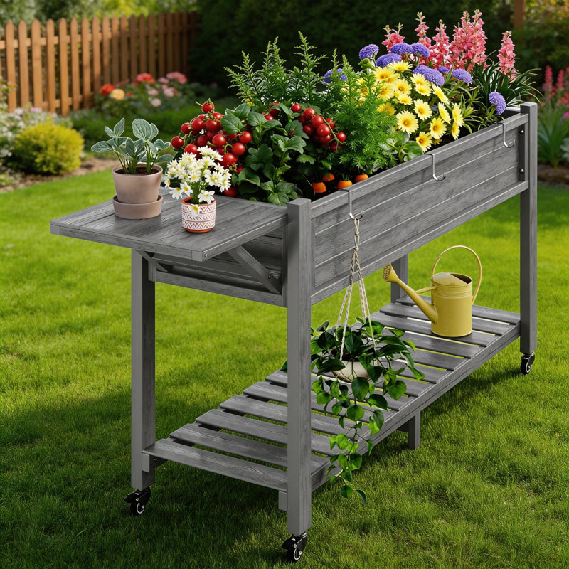 Elevated Raised Garden Bed With Legs Planter Box Stand With Storage Shelf, Grey