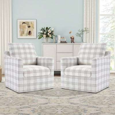 31.8'' Wide Modern Soft Space-Saving Linen Upholstered Plaid Swivel Accent Chair with Removable Cover & Compressed Cushions (Set of 2)