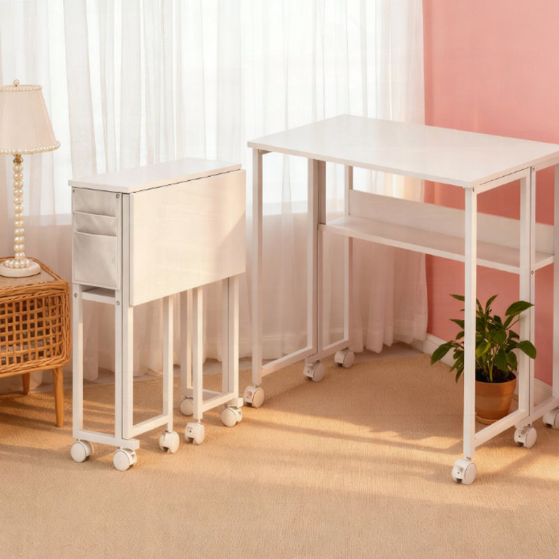 Bureau d'ordinateur pliable avec étagère à sac de rangement et roulettes, Blanc