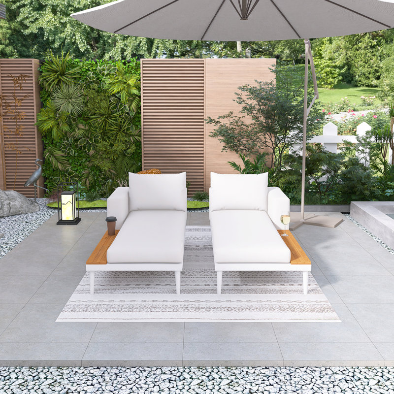 Lit de jour d'extérieur moderne en métal, chaises longues rembourrées 2 en 1, avec espaces latéraux garnis de bois, coussins et coussins fixes et lavables, supports de pieds réglables, faciles à installer