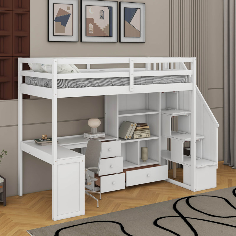 Lit mezzanine simple avec bureau et tiroirs, Blanc