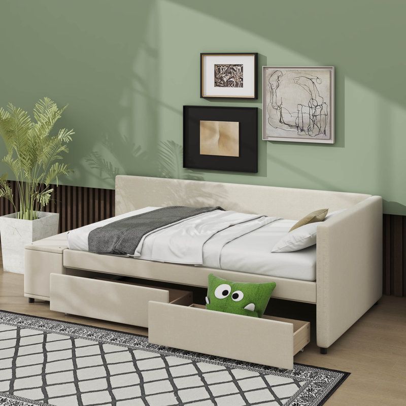 Twin-Size L-Shaped Plush Platform Bed With Storage Drawers, Beige