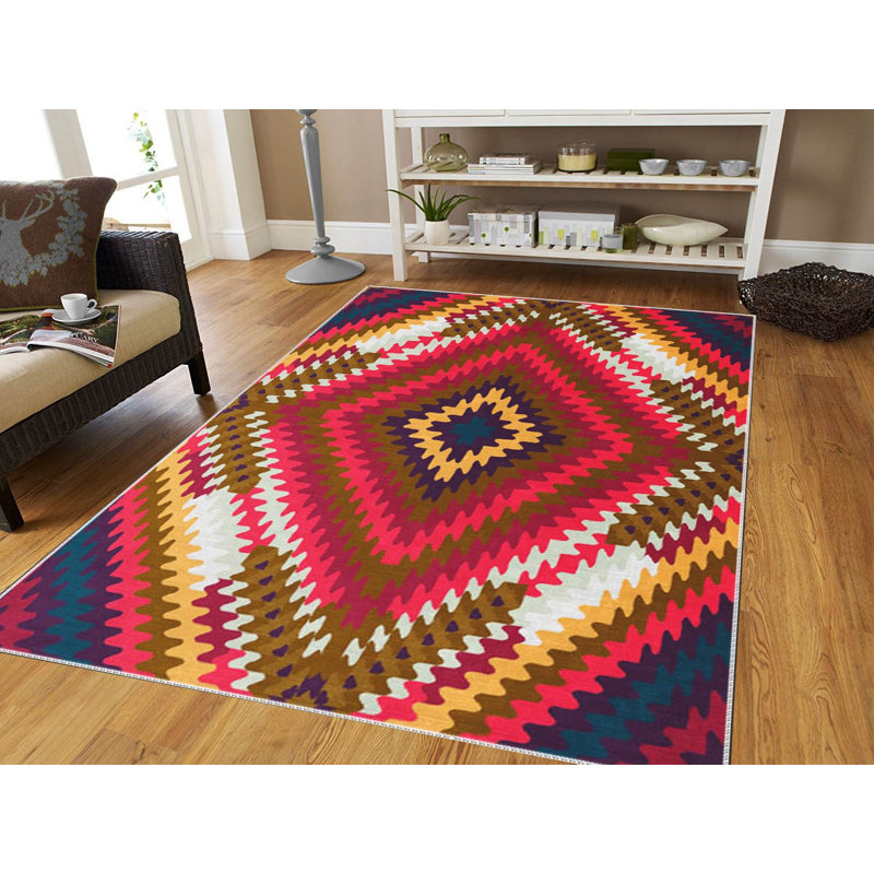 Stylish Woven Carpet (3.1 x 4.6 ft), 100% Polyester, Non-Slip Felt Dot Underside | Raschel Knitting, 0.4 in Pile Height | Machine Washable, Digital Print Design | Perfect for Living Room, Bedroom & Office Decor