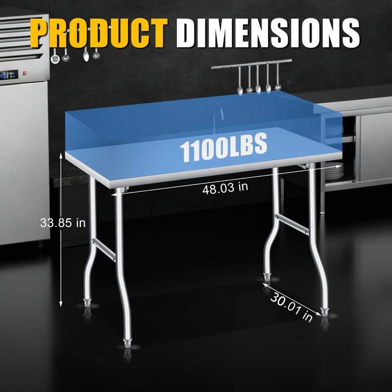 Table de travail 48 po x 30 po en acier inoxydable robuste, table de préparation pour cuisine commerciale et domestique avec pieds de soutien renforcés