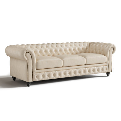 Parma 92" Full Semi Aniline Leather Chesterfield Three Seats Sofa by Canora Grey