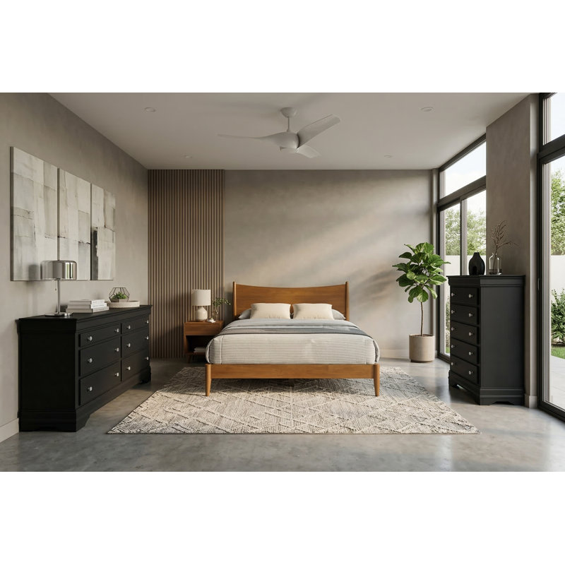 Barvelle Solid Wood 3 Pieces Bedroom Set, Black/Amber Walnut, 3 Pcs: Bed, Dresser, Chest
