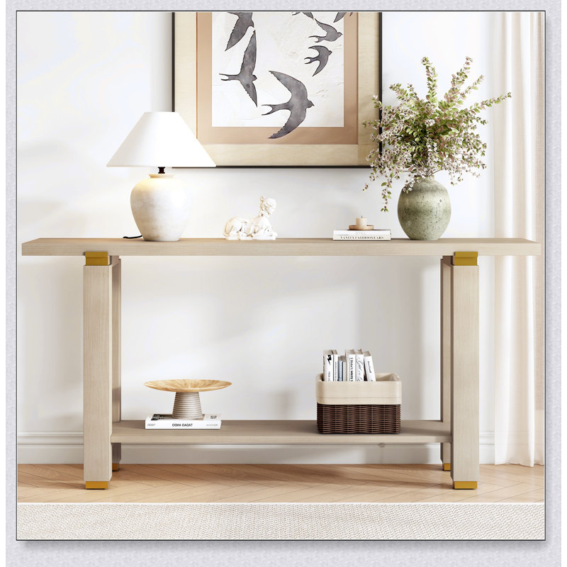 Console moderne en bois massif minimaliste avec détails en métal et tablette intégrée pour un décor polyvalent, Naturel