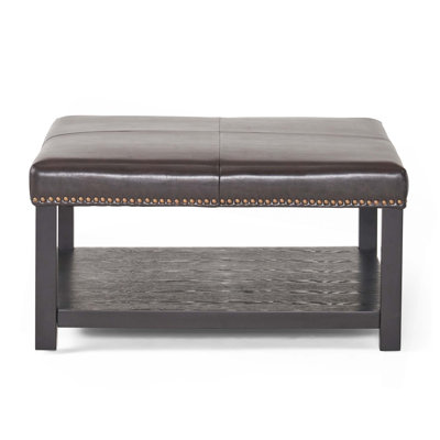 Large Square Ottoman Bench,Faux Leather Coffee Table Ottoman With Rack & Solid Wood Legs