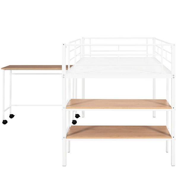 Latitude Run® Twin Size Metal Loft Bed With Desk And Shelves, Black ...