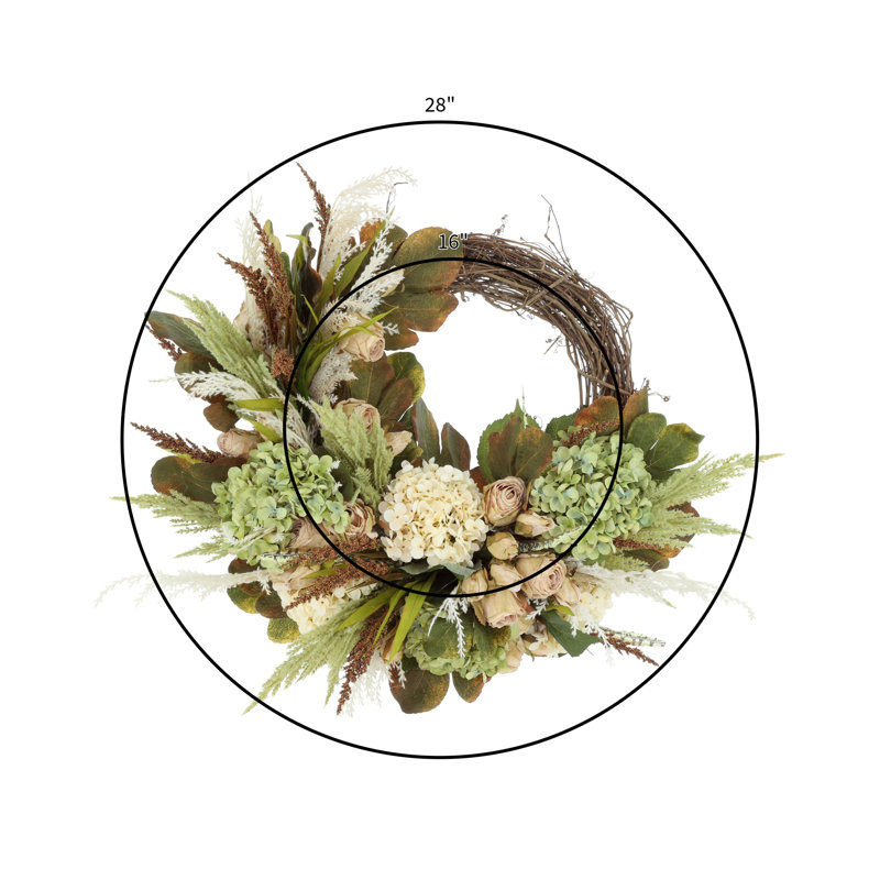 28"  Grapevine Wreath with Roses, Hydrangeas and Pampas