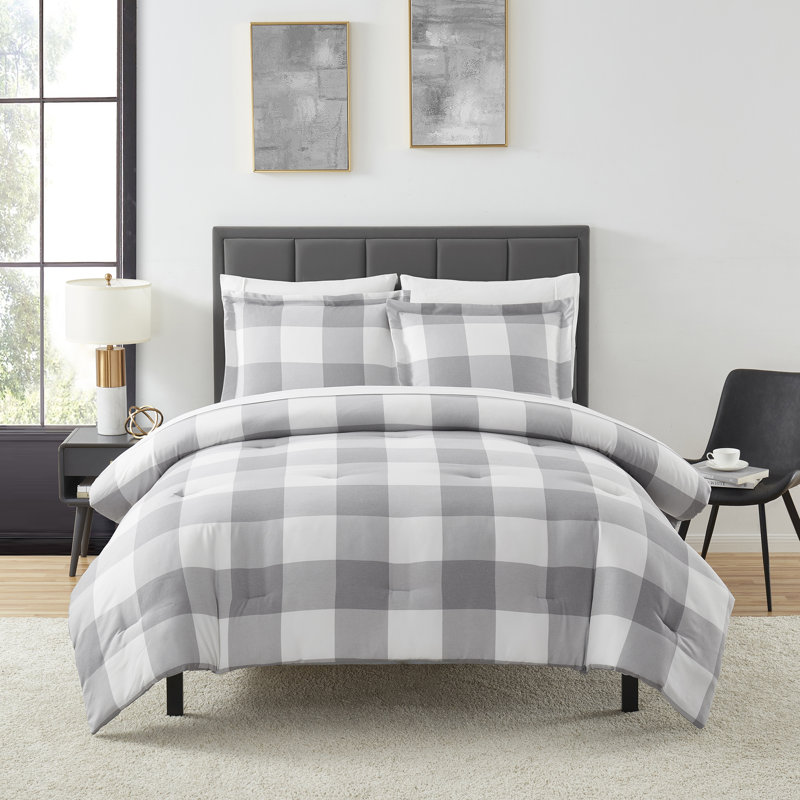 Herringbone Weave Buffalo Check Bed in a Bag Comforter & Sheet Set, Queen Comforter + 6 Additional Pieces, Gray