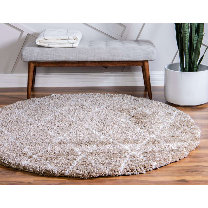 Tapis à poils longs de couleur beige Walsenburg, Rond 5 pi