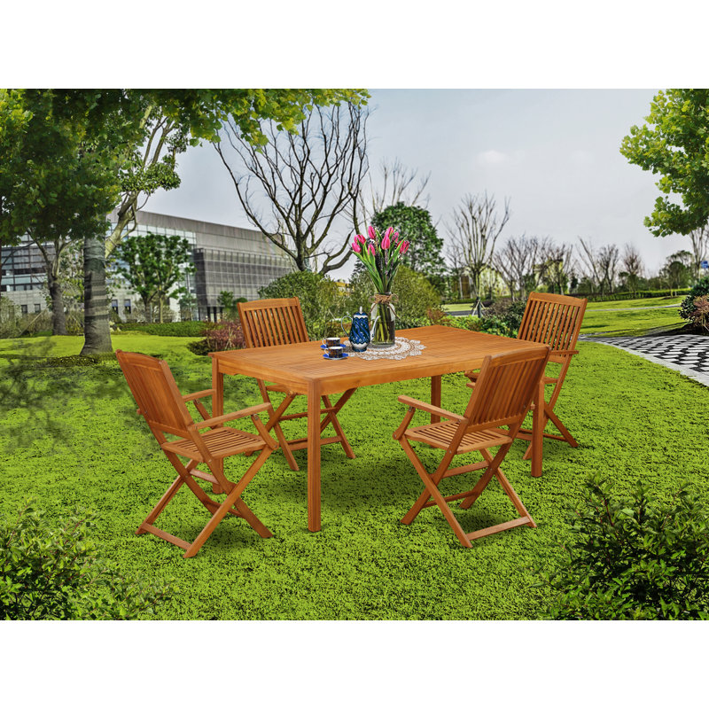 5 Piece Patio Bistro Dining Furniture Set Includes a Rectangle Outdoor Acacia Wood Table and 4 Folding Arm Chairs, 36x66 Inch, Natural Oil