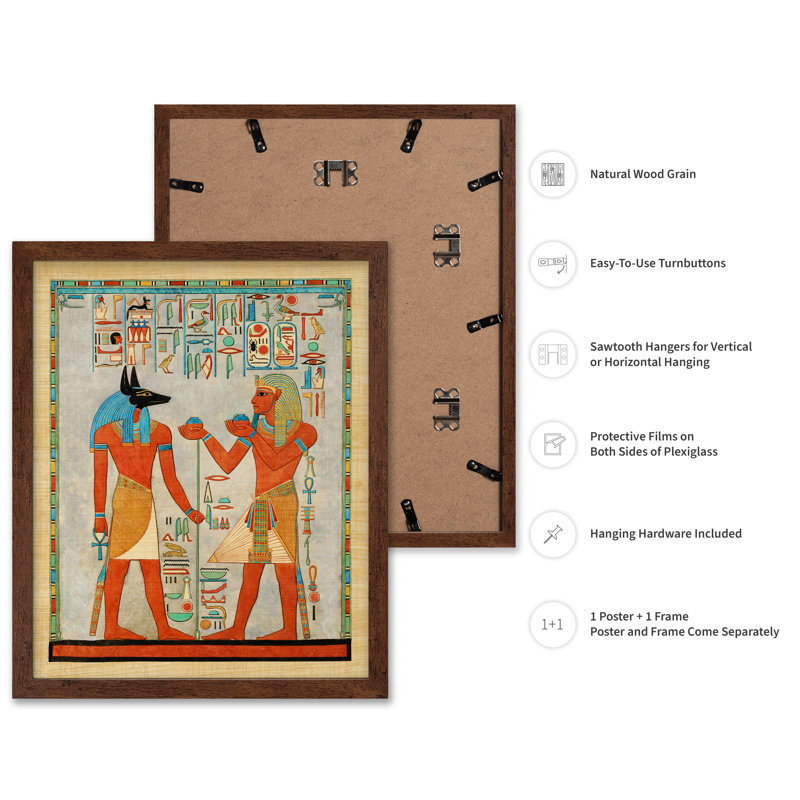 Le roi avec Anubis, tombe d'Haremhab, H 12 po x l 16 po, Affiche, Encadrement brun
