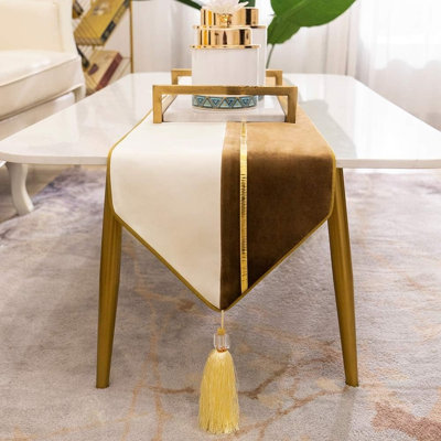 Velvet Table Runner – Brown/White/Gold – Leather Striped Patchwork With Tassels, Luxury Decorative Runner For Home, Living Room, Bedroom & Wedding Decor