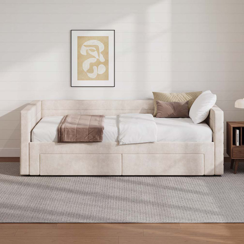 Chenille Upholstered Extendable Daybed Frame with Trundle，Storage Drawers, Beige