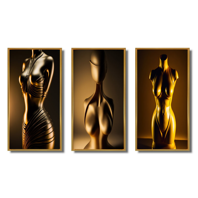 «Stylish Golden Dress Mannequin», 3 pièces, Cadre flottant doré, H 20 po x l 36 po