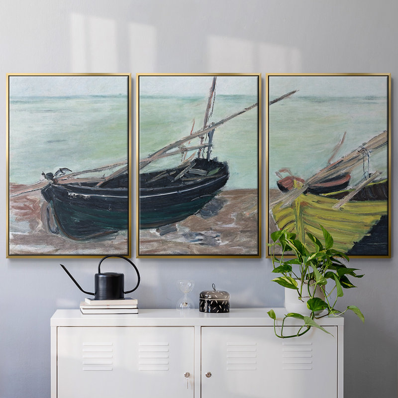 "Bateaux sur la plage", 1885, peinture sur toile 3 pièces, H 36 po x l 75 po, Encadrement doré