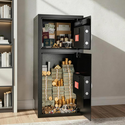 Coffre-fort à double porte, 93 litres (3,3 pi³), coffre-fort domestique robuste avec clavier électronique, antivol, serrure de sécurité numérique avec clé, fente de dépôt, pour armes à feu, bijoux, documents et objets de valeur, noir, conçu pour l'argent