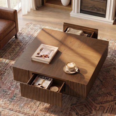 35'' Solid Wood Brown Modern Square Coffee Table with 2-Way Hidden Storage Drawers, Fluted Details,Parquet,Wood Grain Top Cocktail Table