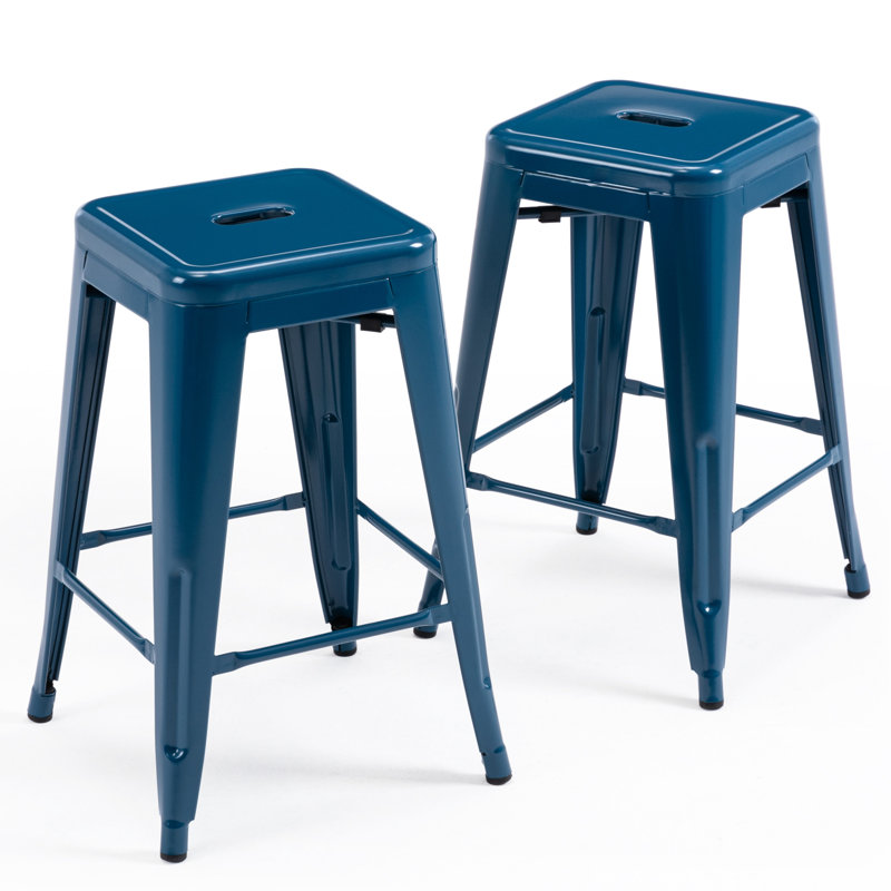 Almodovar 24" 24 Inch Metal Bar Stools, Backless Counter Height Barstools, Stackable Stools with Square, Indigo Blue