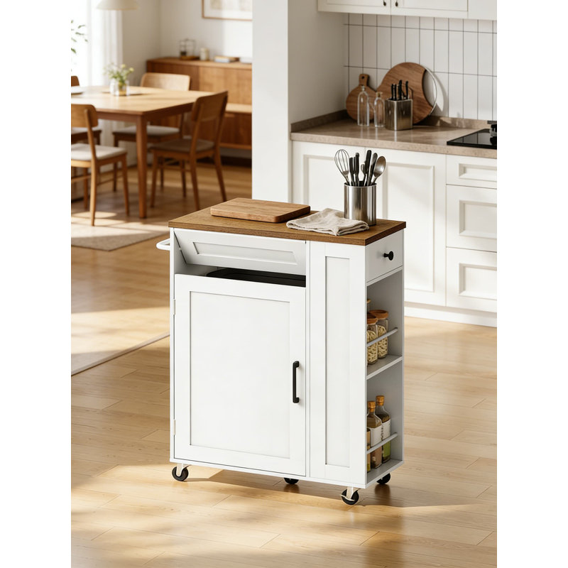 Chariot pour îlot de cuisine avec armoire à poubelle cachée, chariot de rangement mobile avec support à épices et porte-serviette, armoire de cuisine polyvalente pour la préparation et la salle à manger