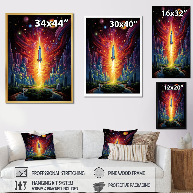 " Rocketship Cosmic Dreamscape ", White Picture Framed, 32" H x 24" W x 1" D