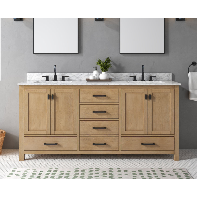 Meuble-lavabo double 72 po avec plateau Souther, 72" , Blanc de Carrare, Chêne brossé