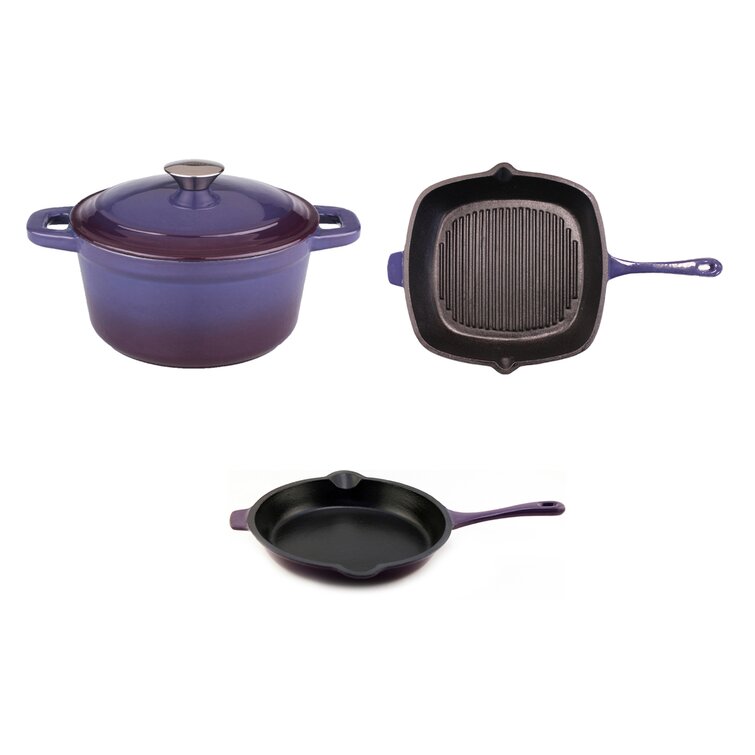 BergHOFF Neo 3Pc Cast Iron Set: 3qt. Covered Dutch Oven & 11 Grill Pan,  Pink