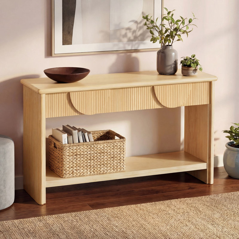 55" Fluted Solid Wood Console Table With Drawers Display Shelf