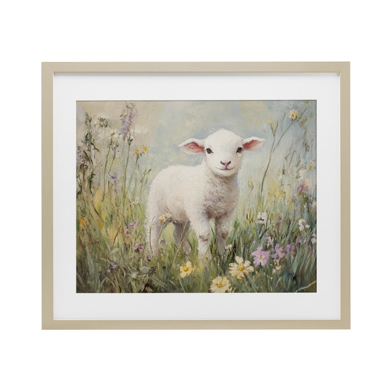 «White Lamb in Soft Flowers», reproduction encadrée sous verre, par Petal Prints Design, H 13 po x l 16 po