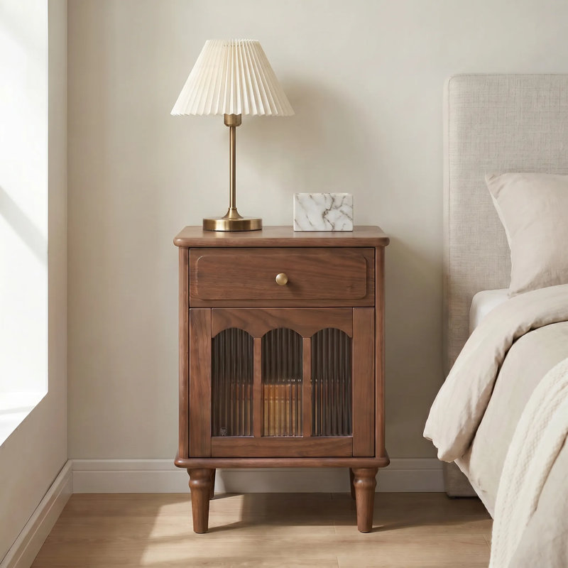 23"H Modern Traditional Solid Wood Nightstand with Fluted Glass Door, Storage Drawer-Right, Right Door, Black Walnut 