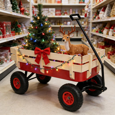 Chariot de chariot de sport d'extérieur avec panneaux latéraux en bois Chariot à outils en fer avec pneus, capacité de charge de 176 lb pour le jardin, la cour et l'extérieur