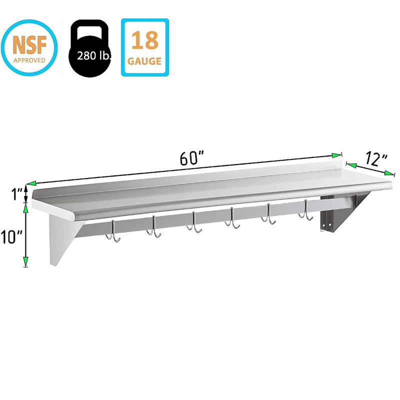 Stainles Steel Rectangle Wall Mounted Pot Rack, 11" H x 60" W x 12" D