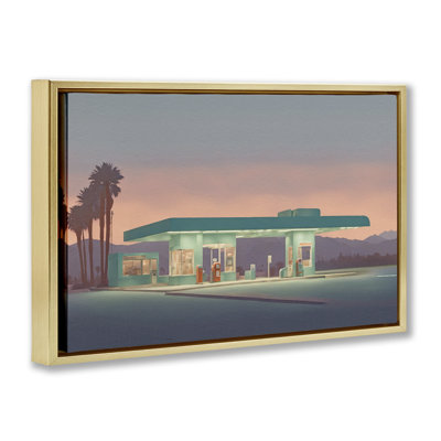 Deserted Gas Station at Sunset  Framed Floater Canvas Wall Art, design by Noah Bay