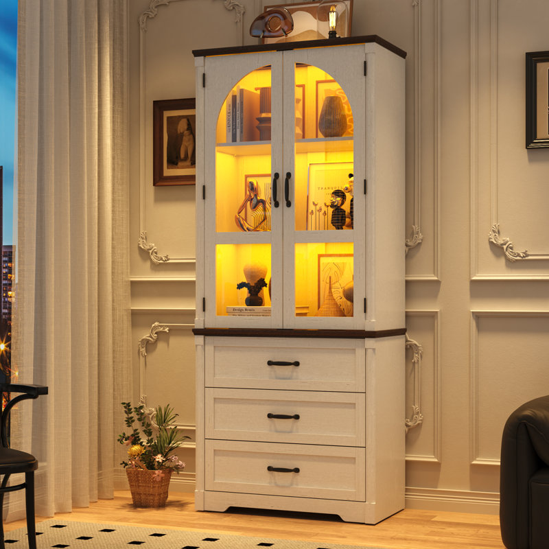 75"H Tall Farmhouse Kitchen Pantry Cabinet With LED Lights, Wooden Storage Cabinet With Arched Glass Doors & 3 Drawers, Pantry Organizers And Storage, Rustic Wood Cupboard For Kitchen, Dining Room