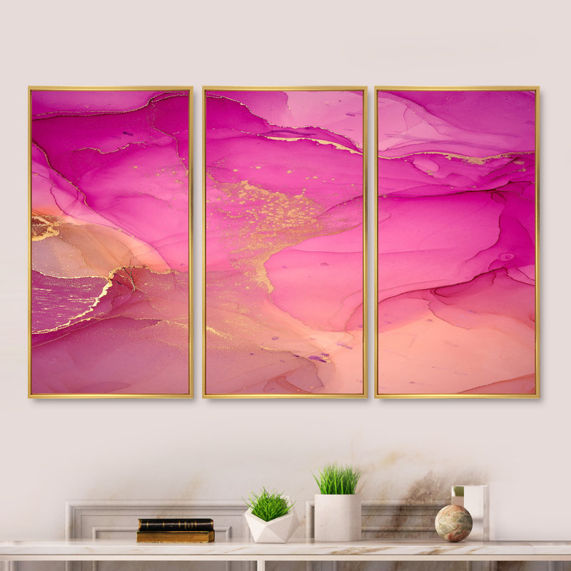 Ensemble abstrait d'art mural en toile abstraite, nuage d'encre rose doré - nuages d'encre rose et or, Cadre doré