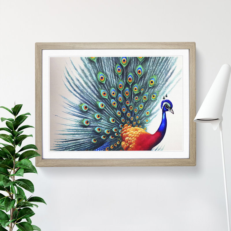 Watercolour Peacock Art - Single Picture Frame Painting, 46cm H x 64cm W x 2cm D, Oak