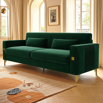 (Sofa) Luxury Emerald Green Velvet Sofa With Gold Accents - Modern 3-Seat Couch With Plush Cushions, Perfect For Living Room And Office Decor